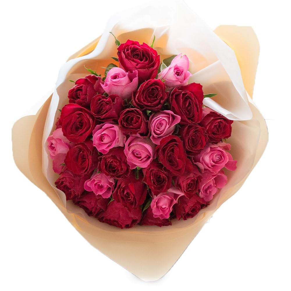 フラワーキッチン バラ30本の花束 アレンジメント 生花 FKAA (赤ピンク：ニュアンスラッピング)商品画像