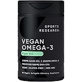 Sports Research Vegan Omega-3 Fish Oil Alternative from Algae Oil - Highest Levels of Vegan DHA & EPA Fatty Acids | Non-GMO Tested & Vegan Certified - 60 Veggie Softgels (Carrageenan Free)