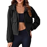 Tankaneo Womens Lightweight Cropped Jackets Hooded Long Sleeve Zipper Anorak Coat with Pockets