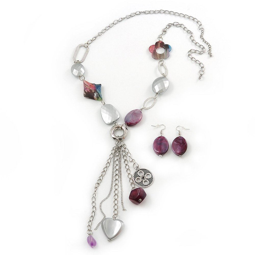 Avalaya Long Purple Resin Nugget Tassel Necklace and Earring Set In Silver Tone - 78cm Length (5cm extension)