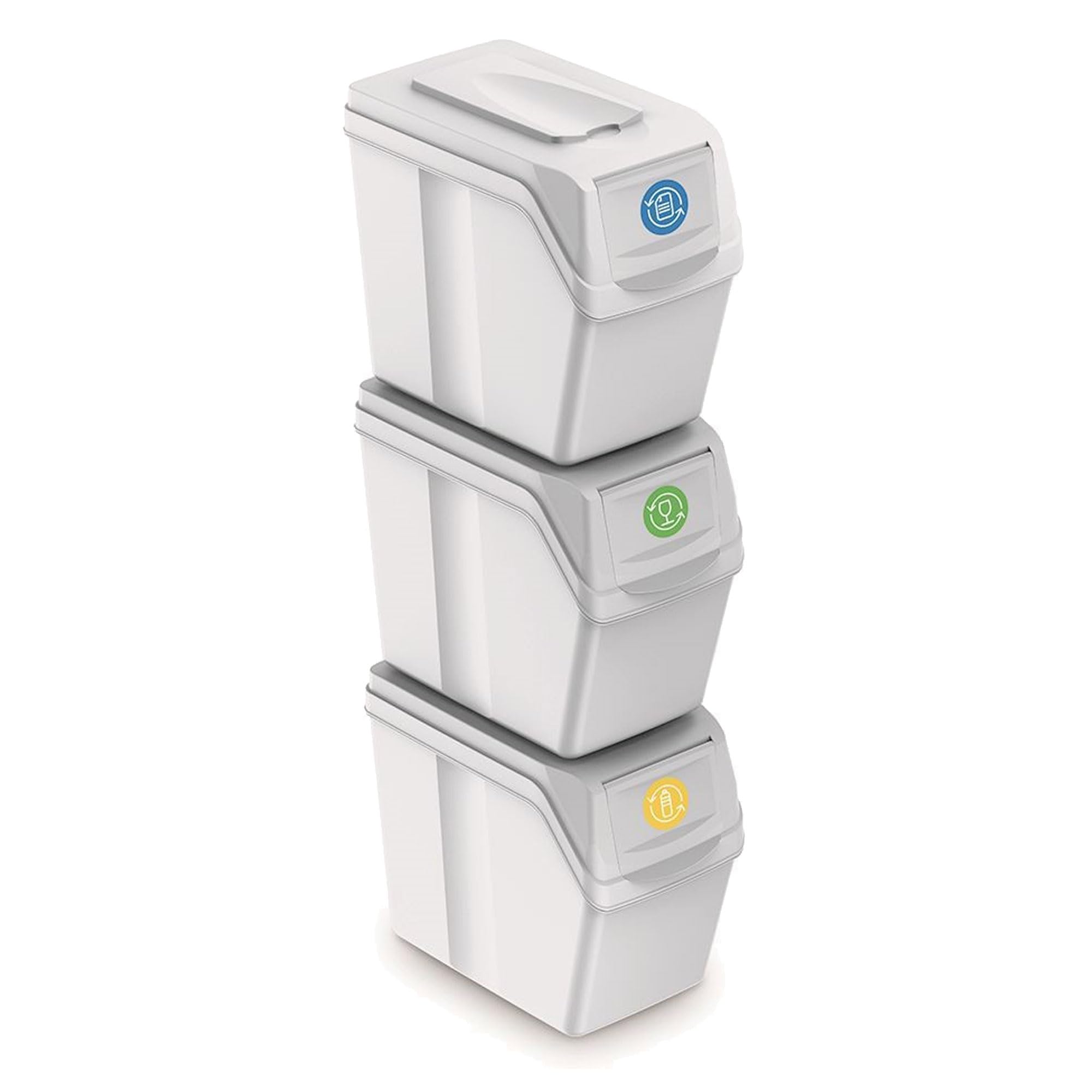 Prosperplast Set of 3 Recycling Bins, 60 Litres Total Capacity, Stackable, White Containers, 3 x 20 Litres
