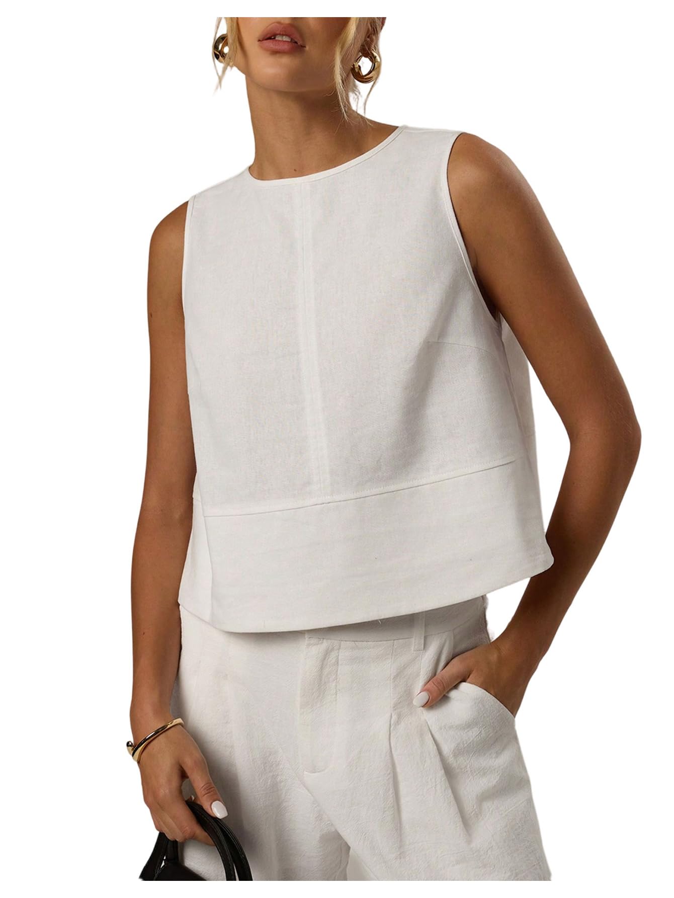 Photo 1 of MakeMeChic Women's Linen Tank Tops Crew Neck Vest Tops Office Work Sleeveless Blouse White Large