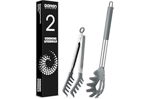 Spaghetti Spoon and Pasta Tong, Non-Stick Silicone Spoon Server Fork with Teeth and Stainless Steel Handle Tong, Food Clip fo