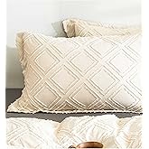 Nanko Pillow Case/Pillow Shams Queen Set of 2, Beige Cream Tan Tufted Jacquard Diamond Boho Soft Shabby Chic Microfiber Pillow Covers, for Home Bed, Farmhouse Modern for Men and Women 20 x 30 inch