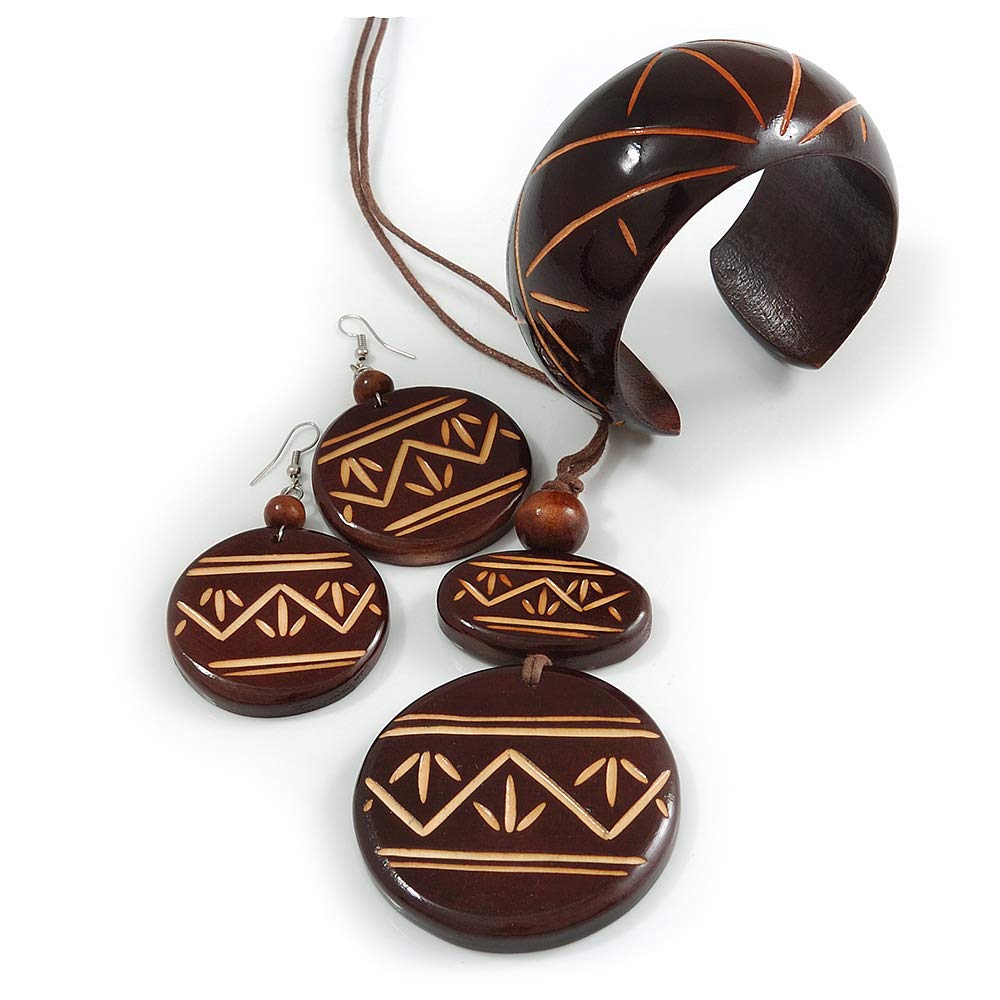 Avalaya Long Brown Cord Wooden Pendant with Geometric Motif, Drop Earrings and Cuff Bangle Set in Brown - 76cm L/Medium Size Bangle