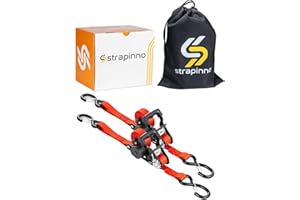 Strapinno Retractable Ratchet Straps - 1 in x 15 ft Heavy Duty Tie Downs, 3000lbs Breaking Strength, S Hooks with Safety Clip, Easily Store with AutoRetract, for Boat, ATV, Motorcycle, & Cargo (2PCS)