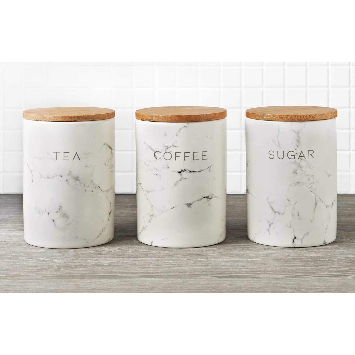 Stunning Marble Effect Elegant Medium Cylindrical Canister Set 3 Count, Tea, Coffee, Sugar, Kitchen, Dining Table, Marble Effect Design