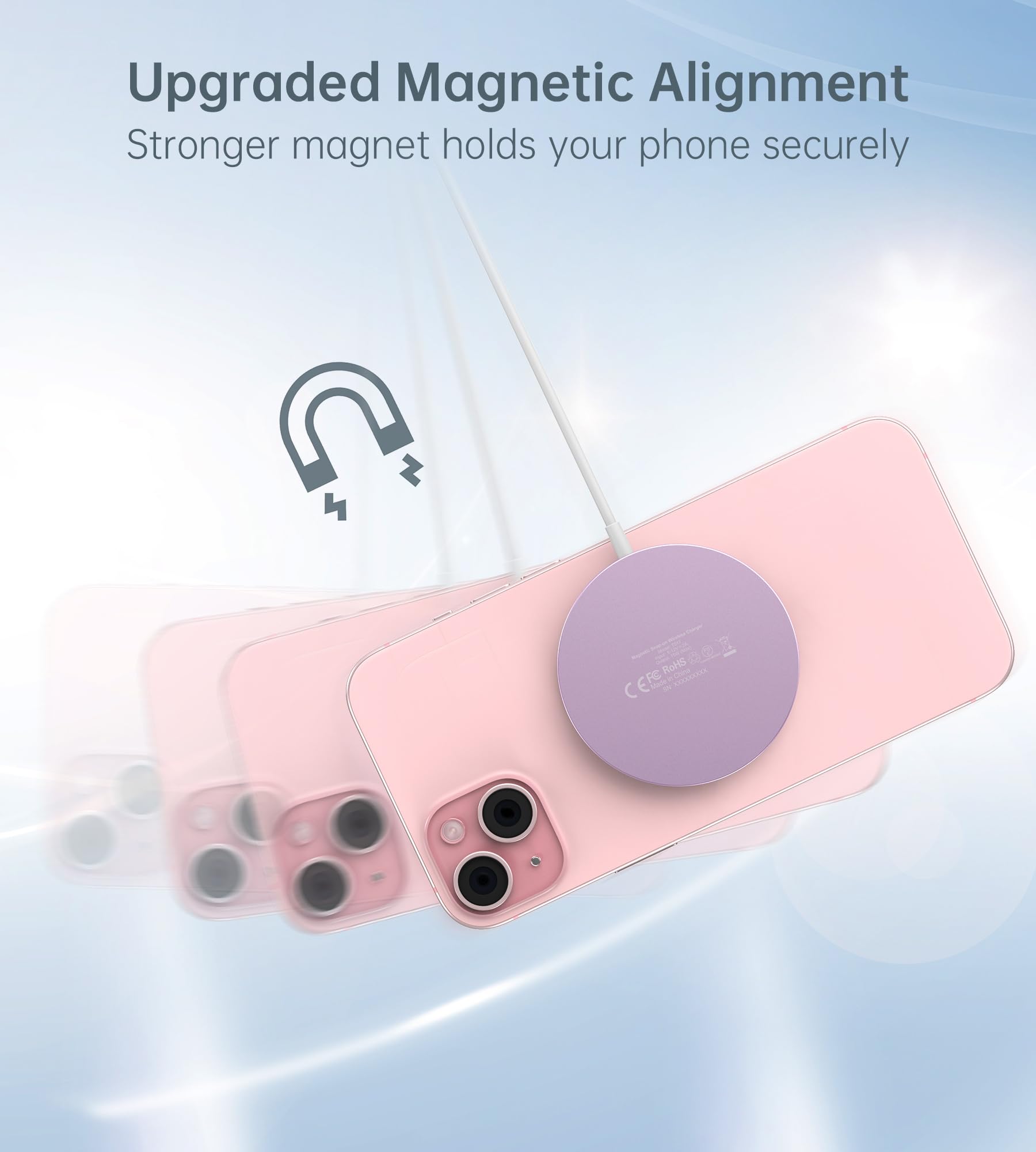 Magnetic Wireless Charger for iPhone 15/14/13/12 - Mag Charger+20W USB C Adapter, Fast Wireless Charging Stand/Pad with 5ft Cable for iPhone 15/14/13/12 Pro Max Plus Mini,Mag-Safe Charger-Pink