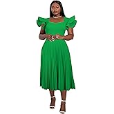 AOMEI Women's Light Purple Square Collar Ruffles Sleeve Pleated Elegant Midi Dress