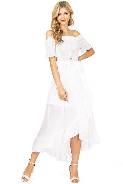 white linen off the shoulder dress