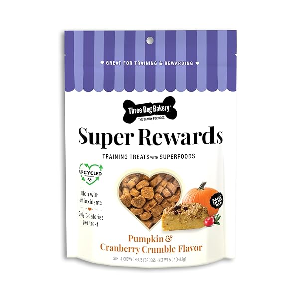 THREE DOG BAKERY SUPER REWARDS WITH SUPERFOODS PUMPKIN & CRANBERRY CRUMBLE TREATS – PUPPY TREATS, DOG CHEWS, TRAINING TREATS, TRAINING FOR DOGS & PUPPIES, RESEALABLE POUCH