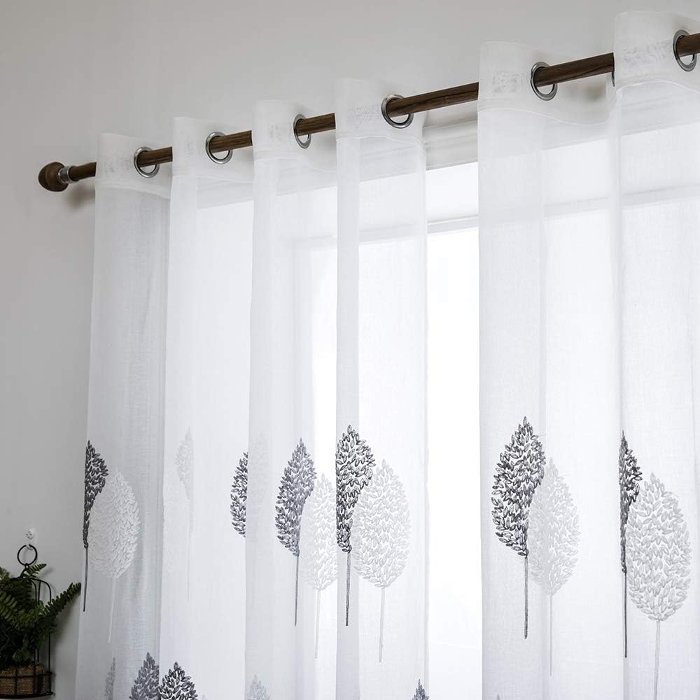 MIULEE Leaves Embroidery Sheer Curtains Christmas Decoration Grommet Window Curtain Semi Voile Drapes with Eyelets Window Treatments for Living Room Bedroom Big Leaves Grey 2 Panels 55" W x 102" L - Image 3