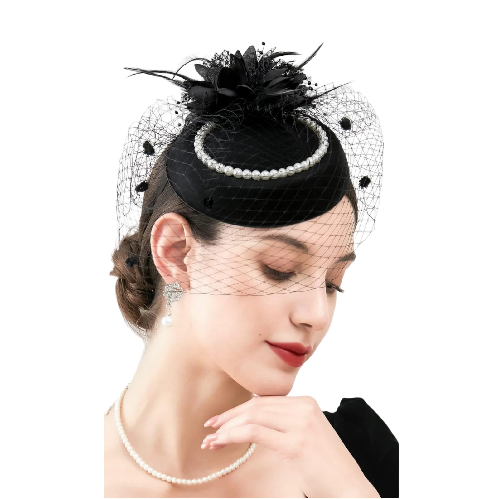 Ladies Elegant Feather Mesh Fascinators Beaded Hair Clips Headband Veil Ascot Races Headwear Hairpins Flower Wedding Party Cocktail Ball Headpiece Festival Hat for Women Girls (Black)