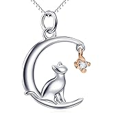 Cat Necklace 925 Sterling Silver Cute Kitty on The Moon Pendant Necklace Jewelry Gifts for Women Cat Lovers