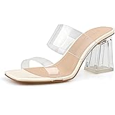 BCTEX COLL Women's Clear Heeled Sandals Transparent Two Strap Square Toe Slip On Chunky Block Heels Dress Shoes, Beige, Black, Nude, Rose Gold