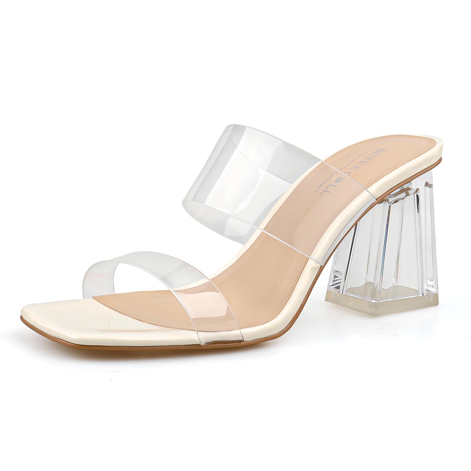 Photo 1 of BCTEX COLL Women's Clear Heeled Sandals Transparent Two Strap Square Toe Slip On Chunky Block Heels Dress Shoes, Beige, Size 9.5