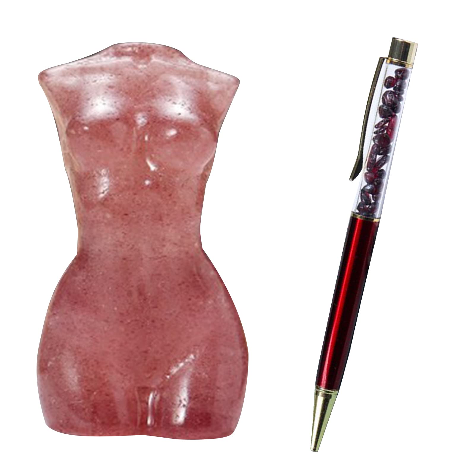 Healing Crystal Natural Strawberry Quartz Crystal Mini Trunk Female Model Hand Carved Crystal Ornaments and Pomegranate Crystal Gravel Ballpoint Pen for Gift Home Decoration Office Use