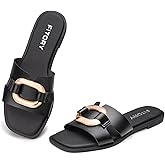 FITORY Women's Flat Sandals Fashion Square Open Toe Slides With Metal Chain Slippers for Summer Size 6-11