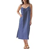 Amazhiyu Womens Pure Linen Summer V Neck Midi Spaghetti Strap Slip Dress with Pockets