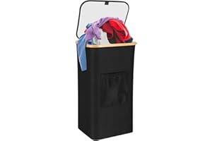 GLCONN Flip-Lid Laundry Hamper Tall Laundry Basket - Collapsible Laundry Bin Storage Basket - Large Hampers with Lid for Laundry, Toys, Clothes, Bedroom, Bathroom, Nursery, Closet - 105L, Black