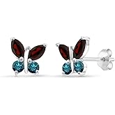 Gem Stone King 925 Silver Marquise Red Garnet and Blue Diamond Butterfly Earrings For Women (1.44 Cttw, Gemstone January Birthstone, Center Stone: 6X3MM, Small Stones: 3MM)