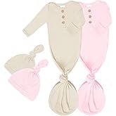littogoose 2-Pack Newborn Baby Knotted Gown and Hat Set, Soft Stretchy Infant Sleepwear with Mittens, 4-Piece Outfit (0–6M)