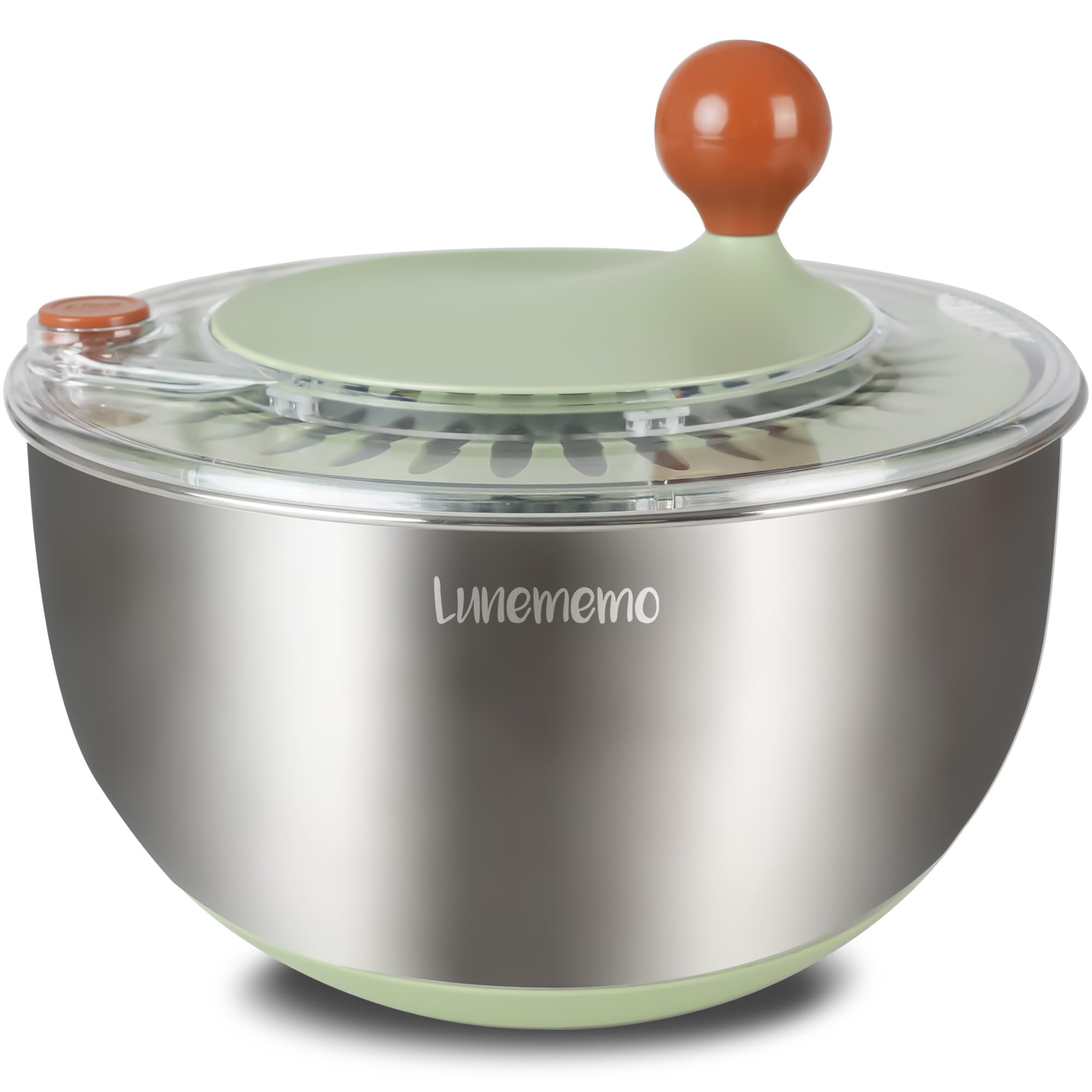 Lunememo Stainless Steel Salad Spinner, Lettuce Spinner with Drain, Non-Slip Base, Stop Button, Vegetable Dryer, BPA Free, 5L