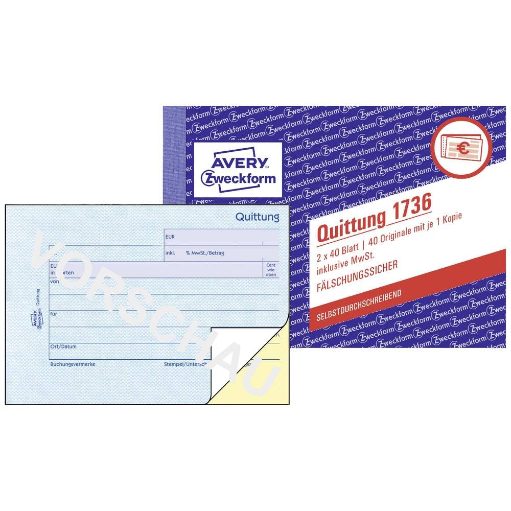 Avery Zweckform 1736-5 A6 Receipt Paper Pad 2x 40 Sheets 5-Pack