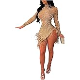 ENOPINK Women Sexy Rhinestone Feather Dress Mesh Sheer Bodycon Long Sleeve Mini Dresses Birthday Outfits Clubwear