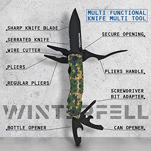 Multitool Knife by Winterfell - Multipurpose Camo Folding Pocket Knife Kit - Durable Stainless Steel - Includes 9-in-1 Bit Set, Pouch, Bottle Opener, Plier, Saw Blade - Outdoor Multi Tool (Camo)