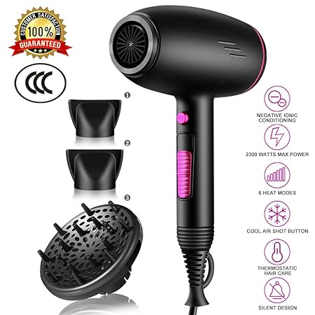 Professioneller Haartrockner mit Diffusor, Profi Föhn Ionen Technologie Salon Haartrockner (Schwarz)
