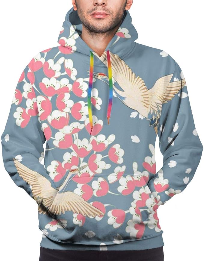 Men's Hoodie Cherry Blossoms Crane Bird Flower Sweate Sweatshirt Men's