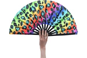 HeyToo Women/Men Large UV Glow Rave Handheld Fan for Drag Queen Cosplay EDM Club Party Music Festival Dance Decoration Lepoard