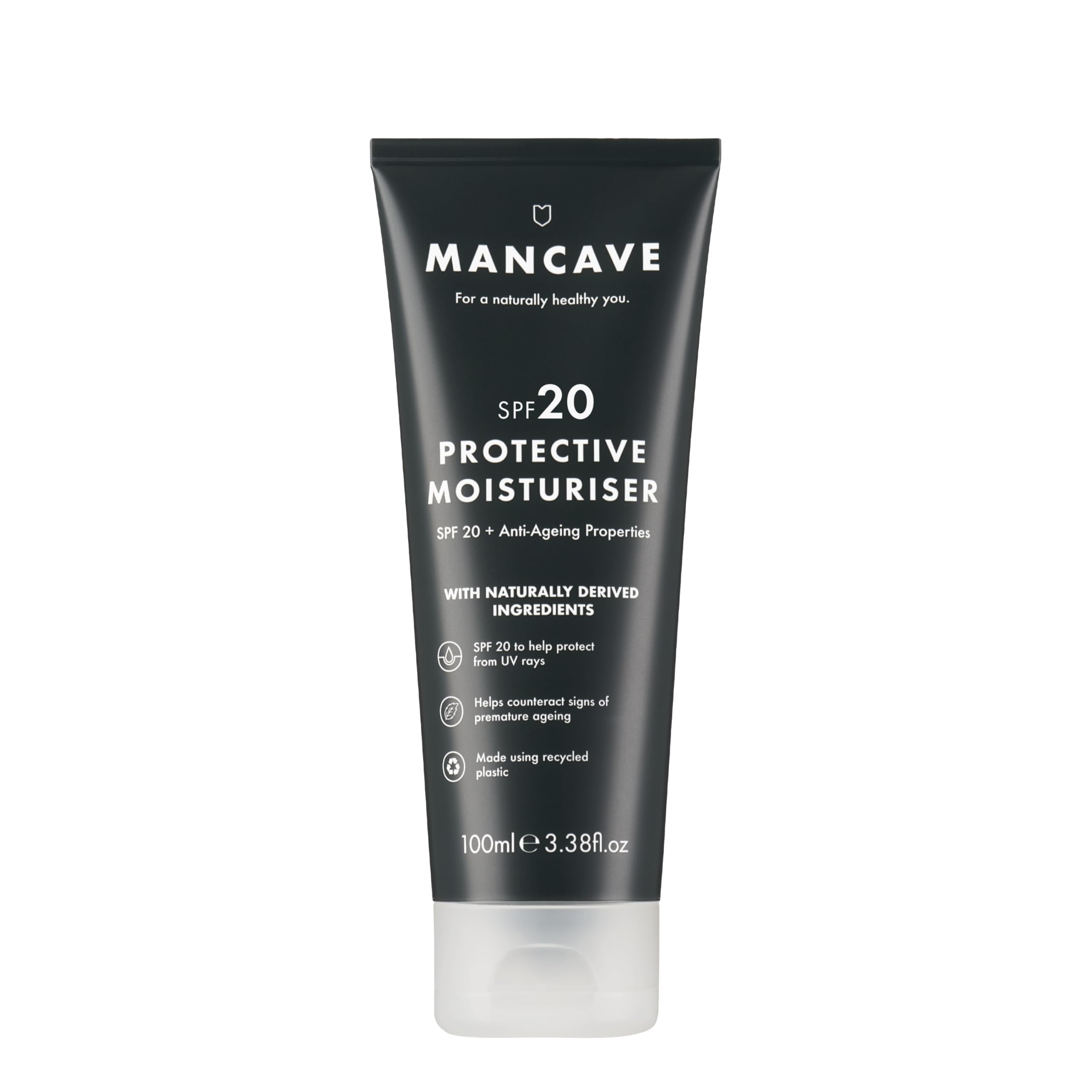 ManCave Anti-Ageing SPF 20 Moisturiser 100ml, UV Protection for Outdoors & Skiing, Rosehip Oil & Vitamin E, Counteracts Premature Ageing, Vegan, Made in UK