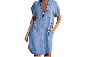 Lpmadey Women Mini Denim Dresses Summer Casual Shirt Sun Dress Fashion Zipper Lapel Short Sleeve Jean Coat Dress with Pockets
