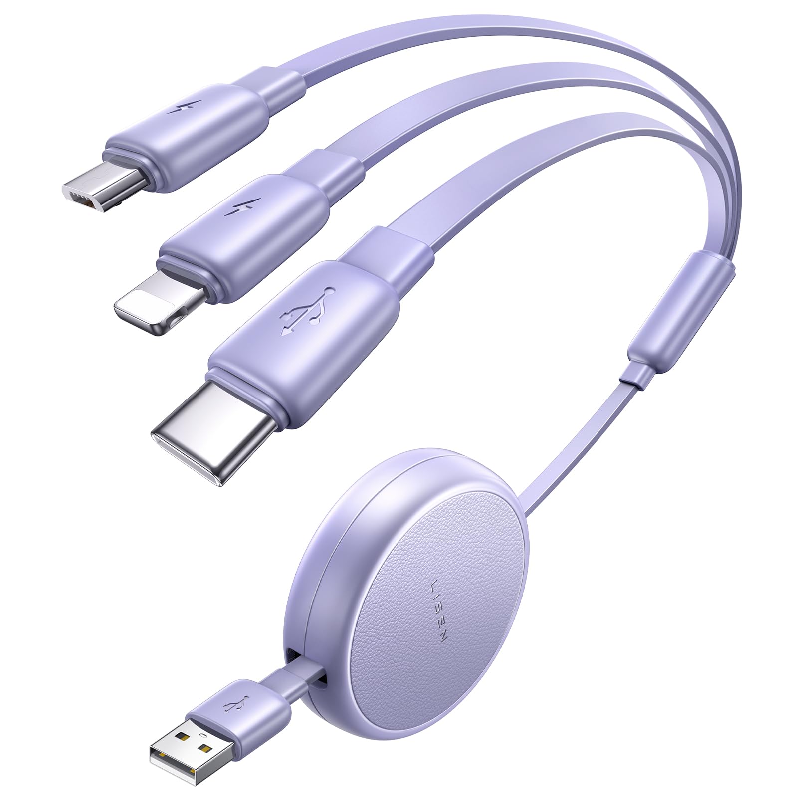 Photo 1 of LISEN 3 in 1 Retractable Car & iPhone Charger Cord, Type C/L/Micro USB for iPhone/Samsung/PS/Kindle, Purple