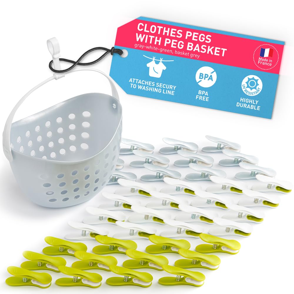 culiclean Clothes Pegs for Washing Line – Clothes Peg and Bag Set with Peg Basket for Washing Line – Washing Peg and Basket with Hanger – 40 Pegs, 1 Holder – grey-green-white/grey