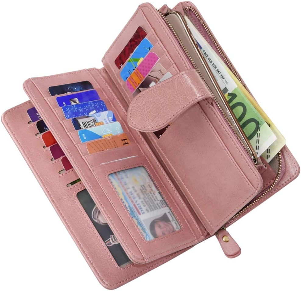 Ladies Leather Purse Large Capacity Women’s RFID Blocking Wallet with 26 Credit Card Slots, Women Clutch Long Purse with Zipper Pocket and Wrist Straps (Pink)