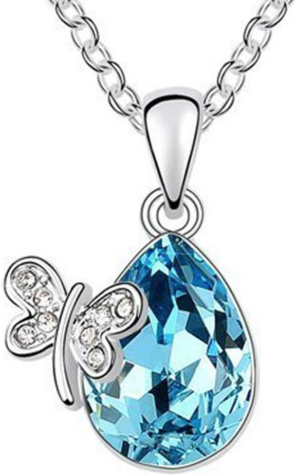 Aqua Blue Clear Crystal Butterfly Teardrop Pendant Necklace Made With Swarovski Elements