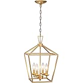 Untrammelife 4-Light Gold Lantern Pendant Light, Adjustable Height Metal Geometric Light Fixture 12'' Classic Cage Chandelier