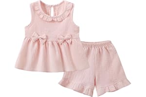 Toddler Baby Girls Cotton Linen Outfits 2pc Sleeveless Ruffle Bow Vest Shirts + Shorts Set Summer Holiday Beach Clothes