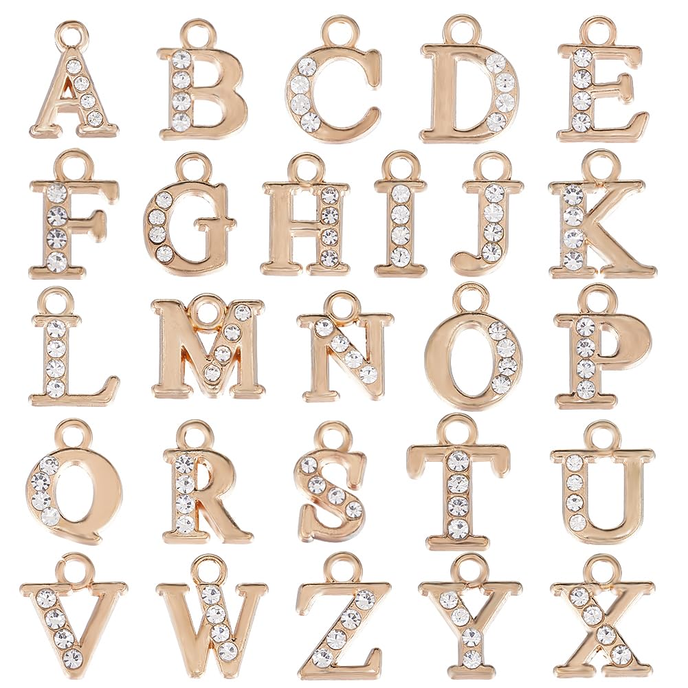 SUNNYCLUE 1 Box 52Pcs Gold Rhinestone Letter Charms Mini Alphabet Charm Initial Small Diamond Acrylic A-Z Letters Charms Bulk for jewellery Making Charms Keychain Earring Necklace DIY Craft Memory