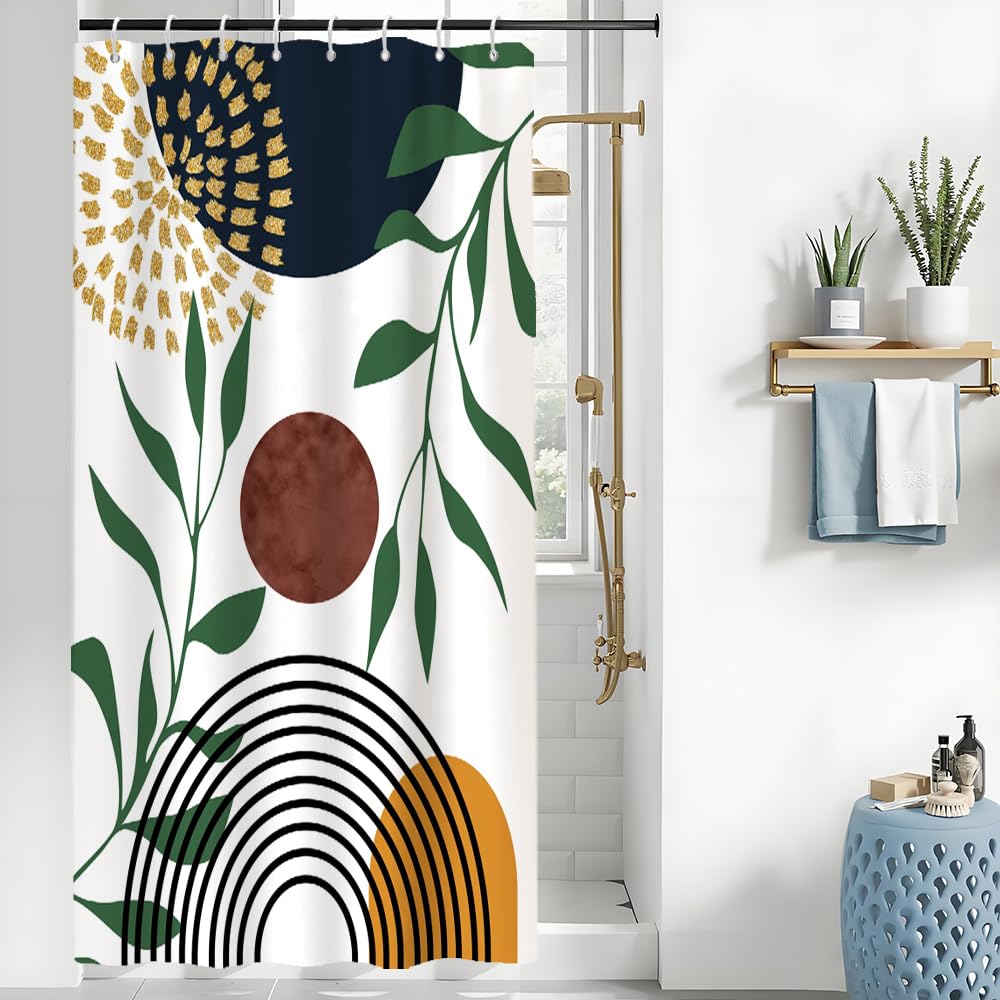 Uiiooazy Abstract Shower Curtain, Boho Mid Century Arch Black Lines Green Leaves Minimaliste Bath Curtain Anti Mildew Waterproof Polyester Fabric Opaque Bathroom Curtain Set with 8 Hooks 120Wx180Hcm