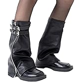 BLULILY Women Harajuku Black PU Leather Leg Warmer with Eyelet Straps Punk Zippered Flared Leg Cover Sleeve Socks Streetwear