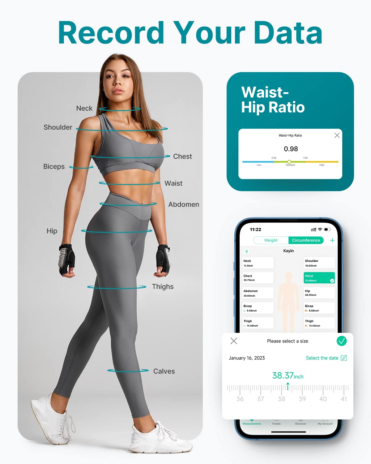 FITINDEX Smart Measuring Tape, Body Tape Measure for Body Measurements, Retractable, Waist, Hip, Bust, Arms, Fitness, Accurate, Body Building, Weight Loss, Sync with APP