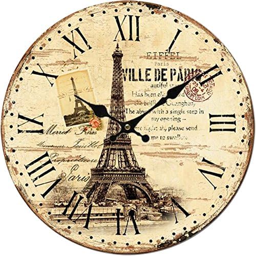 Yung Jo 12" Vintage Rustic French Country Style Eiffel Tower Stamp Pattern,Roman Numerals Design Wooden Round Decorative Wall Clock (Eiffel Stamp)