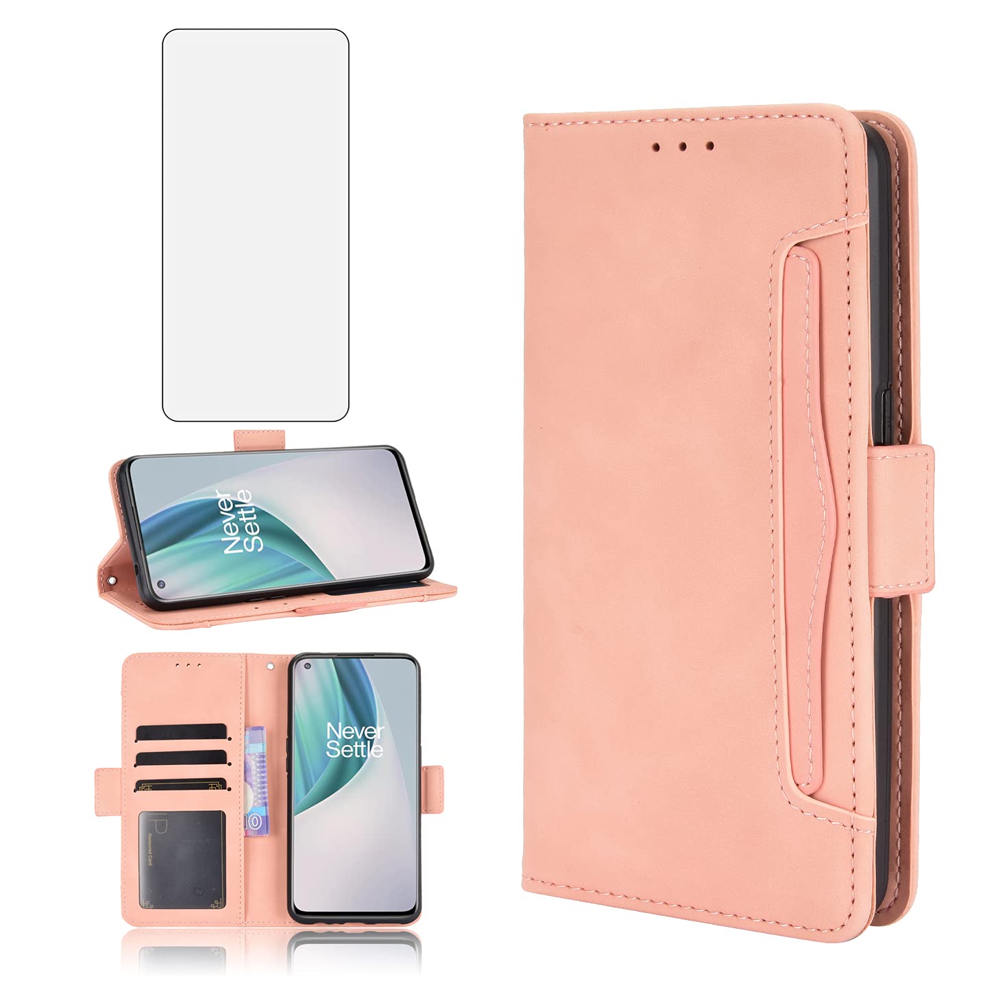 Phone Case for OnePlus Nord N100 Wallet With Tempered Glass Screen Protector Card Holder Slot Stand Kickstand Leather Cell Accessories One Plus N 100 4G 1 Plus 1plus One+ 1+ 100N Women Men Pink