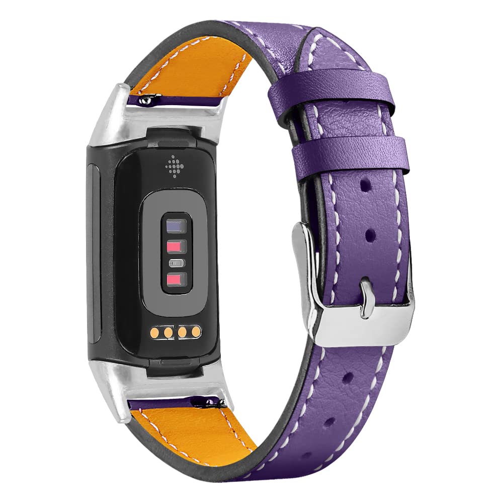 AISPORTS Leather Strap Compatible with Fitbit Charge 6/5 Strap for Women Men, Soft Breathable Leather Sport Wristband Metal Buckle Clasp Bracelet Replacement Band for Fitbit Charge 6/5