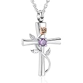 shajwo Cross Urn Necklace for Ashes Birthstone Rose Flower Cremation Jewelry for Women Gilrs Keepsake Memorial Ashes Pendant