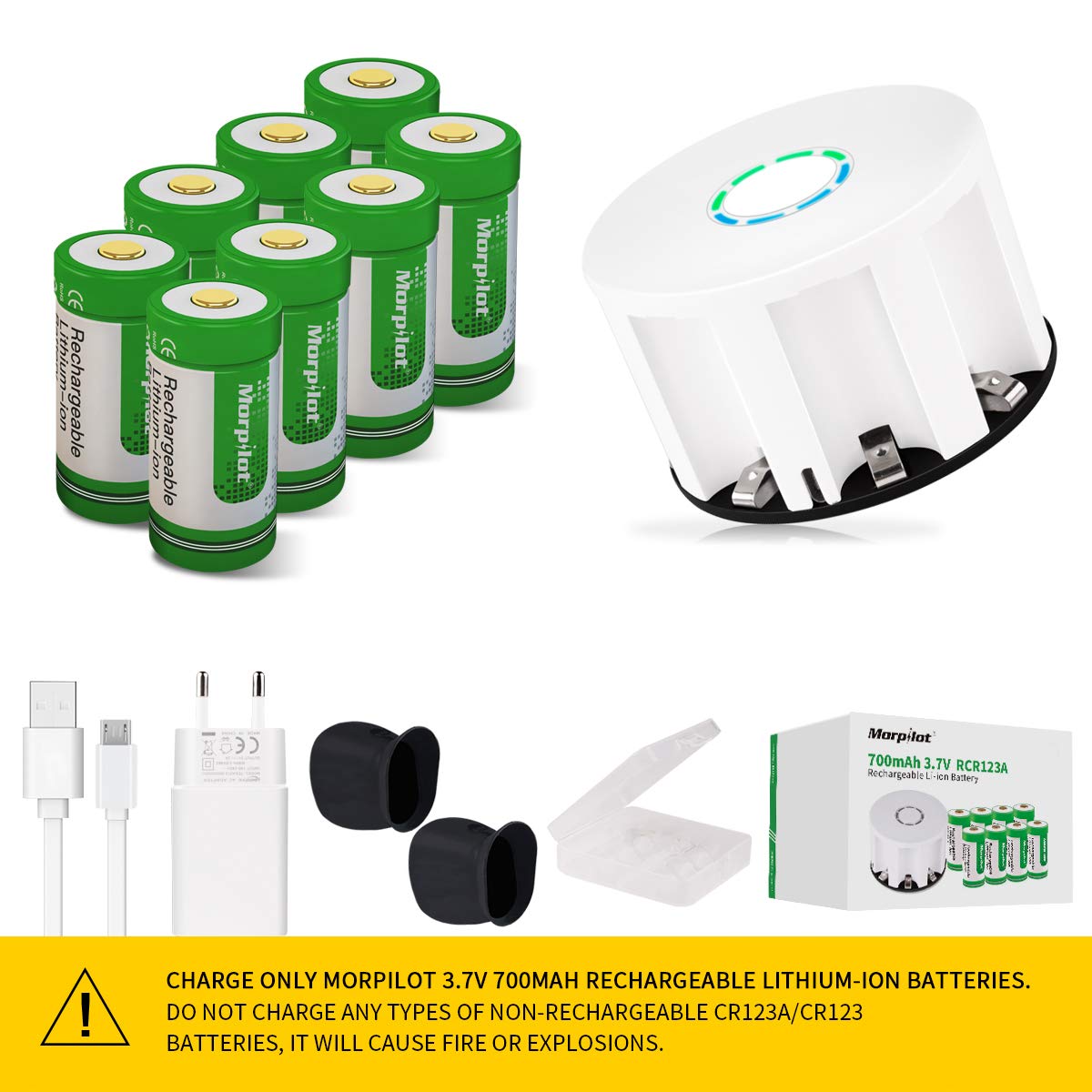 8PCS RCR123A Batterie pour Arlo Caméra sans Fil, Morpilot Li-ION 3.7V 700mAh, 500 Fois réutilisations de Charge, Idéal pour Arlo Camera VMS3030/3130/3230/3330/3430 avec 8 Compartiment Chargeur